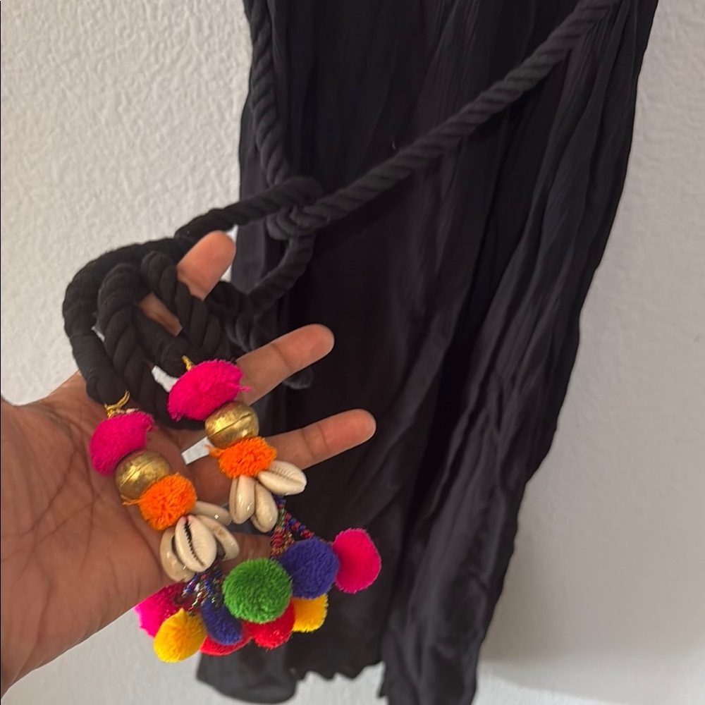 Anthropologie Black Midi Dress with Colorful Pom & Shell Tassels